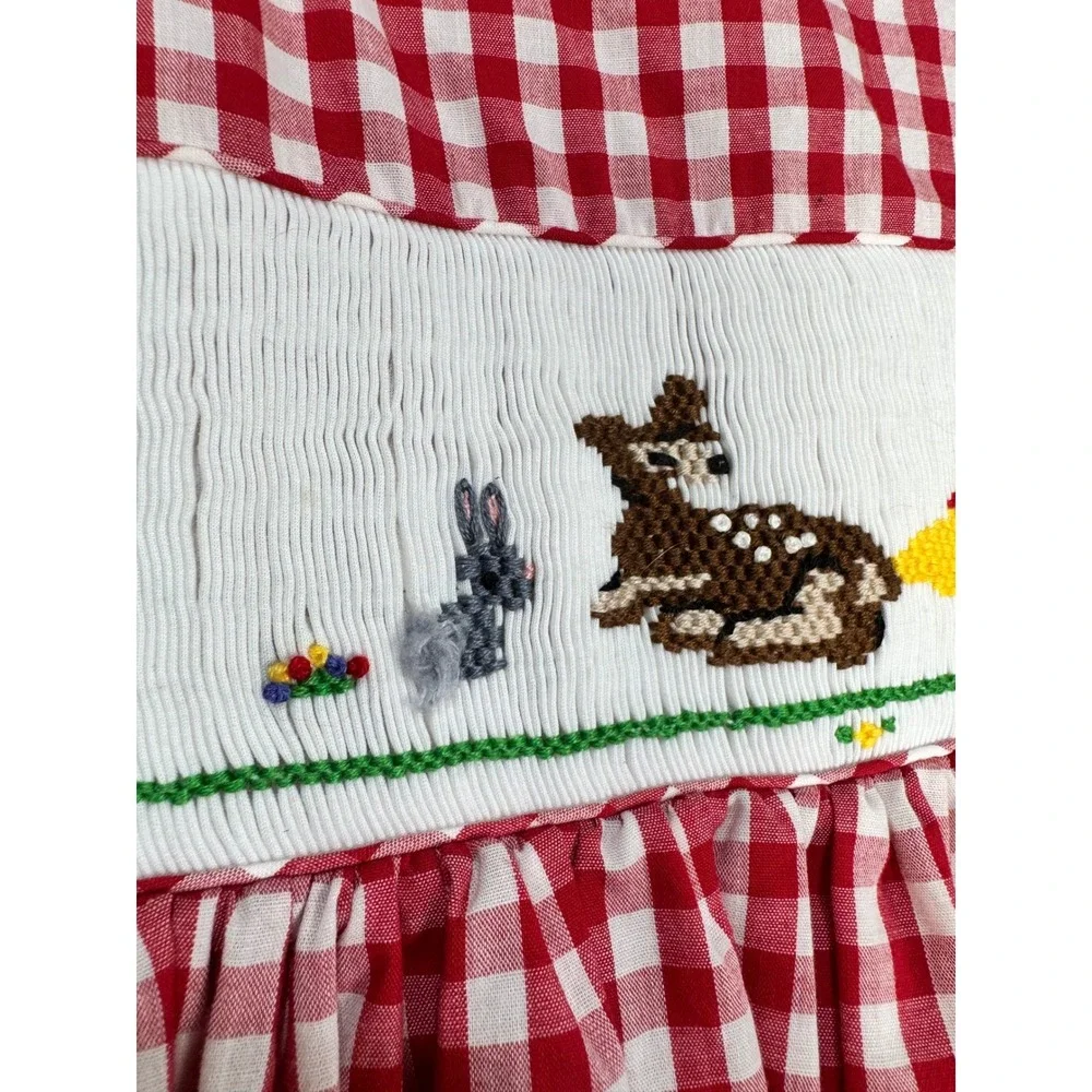Girls Red Gingham Smocked Snow White Princess Dress Size 6Y Forest Animals 6‎